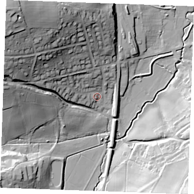 Shaded relief map of the ground around TN325EG, computed from Environment Agency LiDAR. The ground here sits at about 16 m above sea level and falls 55 m across the surrounding 800 m. Surface water reaching this point runs off ground lying to the north-west, 30.7 m higher.