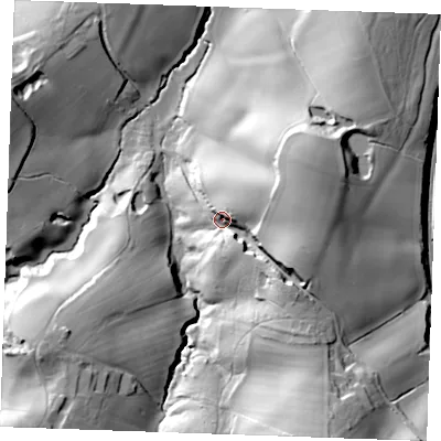 Shaded relief map of the ground around TN325JX, computed from Environment Agency LiDAR. The ground here sits at about 43 m above sea level and falls 42 m across the surrounding 800 m. Surface water reaching this point runs off ground lying to the east-south-east, 20.0 m higher.