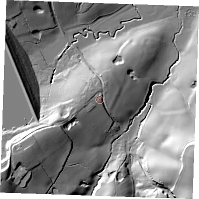 Shaded relief map of the ground around TN325LB, computed from Environment Agency LiDAR. The ground here sits at about 38 m above sea level and falls 42 m across the surrounding 800 m. Surface water reaching this point runs off ground lying to the west, 5.3 m higher.