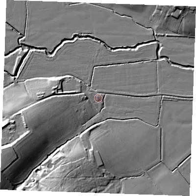 Shaded relief map of the ground around TN325NA, computed from Environment Agency LiDAR. The ground here sits at about 10 m above sea level and falls 24 m across the surrounding 800 m. Surface water reaching this point runs off ground lying to the south-west, 21.5 m higher.