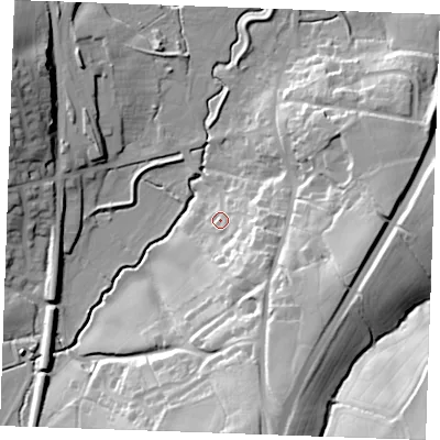 Shaded relief map of the ground around TN325NH, computed from Environment Agency LiDAR. The ground here sits at about 17 m above sea level and falls 44 m across the surrounding 800 m. Surface water reaching this point runs off ground lying to the south-east, 11.7 m higher.