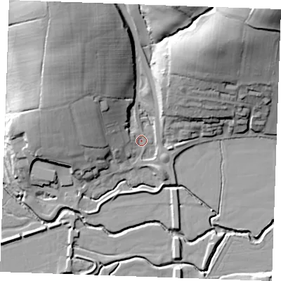Shaded relief map of the ground around TN325NP, computed from Environment Agency LiDAR. The ground here sits at about 12 m above sea level and falls 54 m across the surrounding 800 m. Surface water reaching this point runs off ground lying to the north-west, 25.5 m higher.