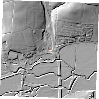 Shaded relief map of the ground around TN325NS, computed from Environment Agency LiDAR. The ground here sits at about 10 m above sea level and falls 45 m across the surrounding 800 m. Surface water reaching this point runs off ground lying to the north-north-east, 34.6 m higher.