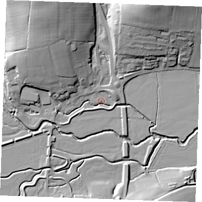 Shaded relief map of the ground around TN325NT, computed from Environment Agency LiDAR. The ground here sits at about 10 m above sea level and falls 35 m across the surrounding 800 m. Surface water reaching this point runs off ground lying to the east-north-east, 7.0 m higher.