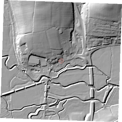 Shaded relief map of the ground around TN325NY, computed from Environment Agency LiDAR. The ground here sits at about 12 m above sea level and falls 36 m across the surrounding 800 m. Surface water reaching this point runs off ground lying to the north-north-west, 26.4 m higher.