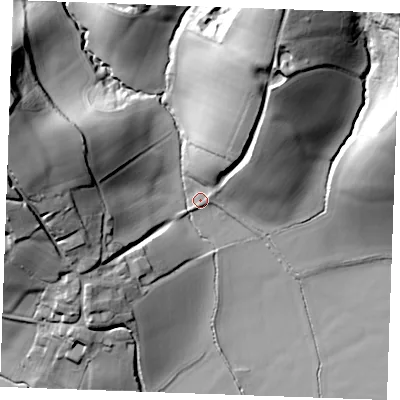 Shaded relief map of the ground around TN325PP, computed from Environment Agency LiDAR. The ground here sits at about 13 m above sea level and falls 50 m across the surrounding 800 m. Surface water reaching this point runs off ground lying to the north-north-east, 41.0 m higher.