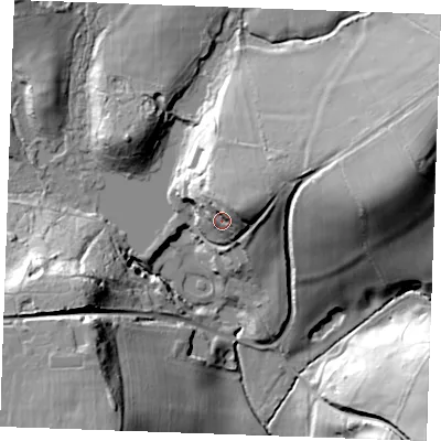 Shaded relief map of the ground around TN330SP, computed from Environment Agency LiDAR. The ground here sits at about 43 m above sea level and falls 38 m across the surrounding 800 m. Surface water reaching this point runs off ground lying to the east-north-east, 12.9 m higher.