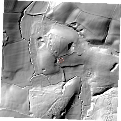 Shaded relief map of the ground around TN330ST, computed from Environment Agency LiDAR. The ground here sits at about 25 m above sea level and falls 58 m across the surrounding 800 m. Surface water reaching this point runs off ground lying to the north, 16.3 m higher.