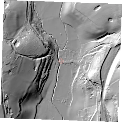Shaded relief map of the ground around TN339AR, computed from Environment Agency LiDAR. The ground here sits at about 7 m above sea level and falls 51 m across the surrounding 800 m. Surface water reaching this point runs off ground lying to the west, 45.4 m higher.