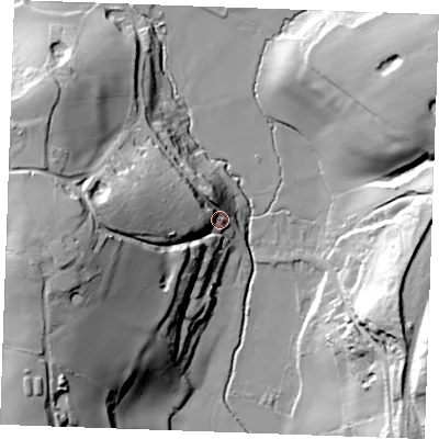 Shaded relief map of the ground around TN339AW, computed from Environment Agency LiDAR. The ground here sits at about 16 m above sea level and falls 46 m across the surrounding 800 m. Surface water reaching this point runs off ground lying to the west, 31.9 m higher.