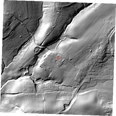 Shaded relief map of the ground around TN339DL, computed from Environment Agency LiDAR. The ground here sits at about 51 m above sea level and falls 33 m across the surrounding 800 m. Surface water reaching this point runs off ground lying to the east, 2.2 m higher.