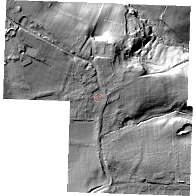 Shaded relief map of the ground around TN339DT, computed from Environment Agency LiDAR. The ground here sits at about 67 m above sea level and falls 46 m across the surrounding 800 m. Surface water reaching this point runs off ground lying to the north-west, 18.9 m higher.