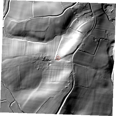 Shaded relief map of the ground around TN339HQ, computed from Environment Agency LiDAR. The ground here sits at about 22 m above sea level and falls 40 m across the surrounding 800 m. Surface water reaching this point runs off ground lying to the north-east, 13.6 m higher.