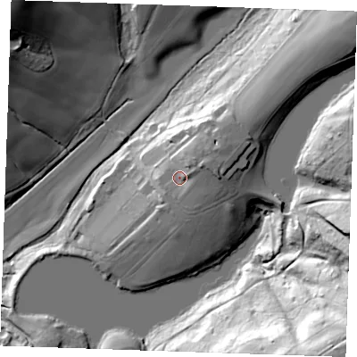 Shaded relief map of the ground around TN339NE, computed from Environment Agency LiDAR. The ground here sits at about 25 m above sea level and falls 59 m across the surrounding 800 m. Surface water reaching this point runs off ground lying to the east-north-east, 6.5 m higher.