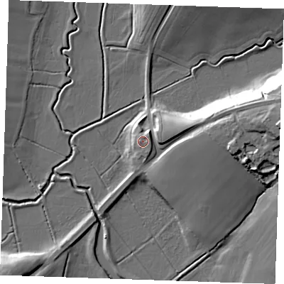 Shaded relief map of the ground around TN339NN, computed from Environment Agency LiDAR. The ground here sits at about 10 m above sea level and falls 22 m across the surrounding 800 m. Surface water reaching this point runs off ground lying to the north-east, 3.2 m higher.