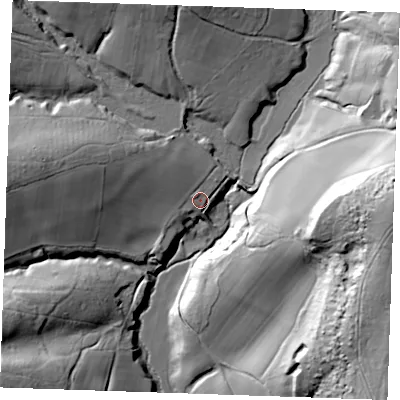 Shaded relief map of the ground around TN339PG, computed from Environment Agency LiDAR. The ground here sits at about 32 m above sea level and falls 55 m across the surrounding 800 m. Surface water reaching this point runs off ground lying to the west-north-west, 13.1 m higher.