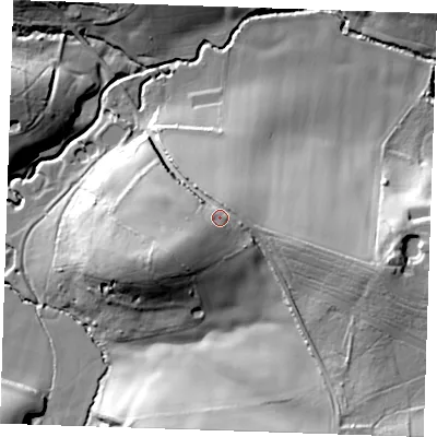 Shaded relief map of the ground around TN38BH, computed from Environment Agency LiDAR. The ground here sits at about 78 m above sea level and falls 31 m across the surrounding 800 m. Surface water reaching this point runs off ground lying to the west-south-west, 3.5 m higher.