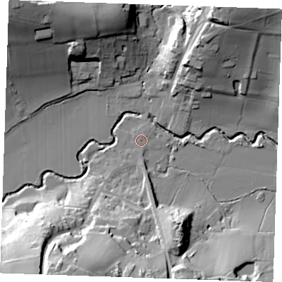 Shaded relief map of the ground around TN38DA, computed from Environment Agency LiDAR. The ground here sits at about 41 m above sea level and falls 44 m across the surrounding 800 m. Surface water reaching this point runs off ground lying to the south, 0.5 m higher.