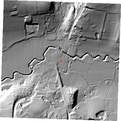 Shaded relief map of the ground around TN38DB, computed from Environment Agency LiDAR. The ground here sits at about 40 m above sea level and falls 45 m across the surrounding 800 m. Surface water reaching this point runs off ground lying to the west-south-west, 1.5 m higher.