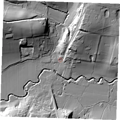 Shaded relief map of the ground around TN38DE, computed from Environment Agency LiDAR. The ground here sits at about 42 m above sea level and falls 37 m across the surrounding 800 m. Surface water reaching this point runs off ground lying to the north-east, 18.3 m higher.