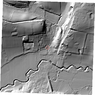 Shaded relief map of the ground around TN38DN, computed from Environment Agency LiDAR. The ground here sits at about 42 m above sea level and falls 40 m across the surrounding 800 m. Surface water reaching this point runs off ground lying to the west-north-west, 36.1 m higher.