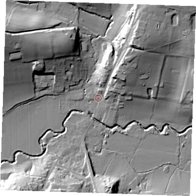 Shaded relief map of the ground around TN38DP, computed from Environment Agency LiDAR. The ground here sits at about 42 m above sea level and falls 37 m across the surrounding 800 m. Surface water reaching this point runs off ground lying to the north-east, 18.6 m higher.