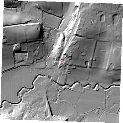 Shaded relief map of the ground around TN38DQ, computed from Environment Agency LiDAR. The ground here sits at about 48 m above sea level and falls 35 m across the surrounding 800 m. Surface water reaching this point runs off ground lying to the north-north-east, 18.6 m higher.