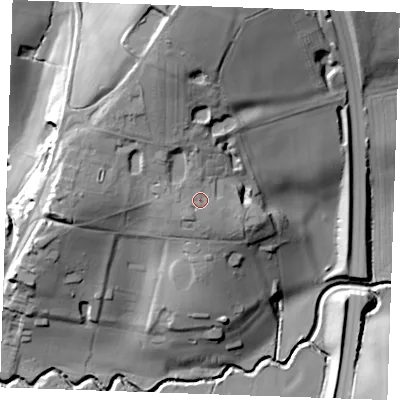 Shaded relief map of the ground around TN38DU, computed from Environment Agency LiDAR. The ground here sits at about 61 m above sea level and falls 43 m across the surrounding 800 m. Surface water reaching this point runs off ground lying to the south-west, 2.4 m higher.
