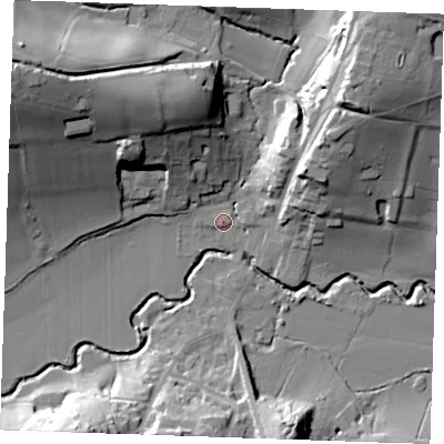 Shaded relief map of the ground around TN38DW, computed from Environment Agency LiDAR. The ground here sits at about 42 m above sea level and falls 40 m across the surrounding 800 m. Surface water reaching this point runs off ground lying to the north-west, 36.4 m higher.