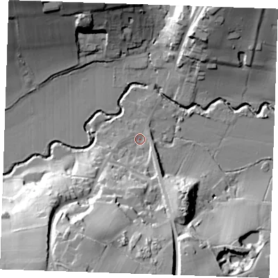 Shaded relief map of the ground around TN38EA, computed from Environment Agency LiDAR. The ground here sits at about 41 m above sea level and falls 48 m across the surrounding 800 m. Surface water reaching this point runs off ground lying to the south-south-west, 43.0 m higher.