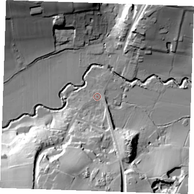 Shaded relief map of the ground around TN38EE, computed from Environment Agency LiDAR. The ground here sits at about 41 m above sea level and falls 46 m across the surrounding 800 m. Surface water reaching this point runs off ground lying to the south-south-west, 42.0 m higher.
