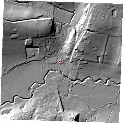 Shaded relief map of the ground around TN38HU, computed from Environment Agency LiDAR. The ground here sits at about 42 m above sea level and falls 39 m across the surrounding 800 m. Surface water reaching this point runs off ground lying to the north-west, 35.3 m higher.