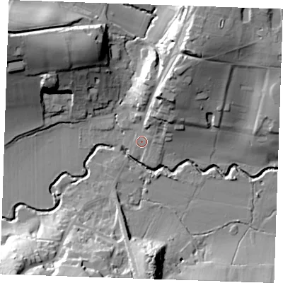 Shaded relief map of the ground around TN38HX, computed from Environment Agency LiDAR. The ground here sits at about 42 m above sea level and falls 36 m across the surrounding 800 m. Surface water reaching this point runs off ground lying to the north-east, 11.4 m higher.