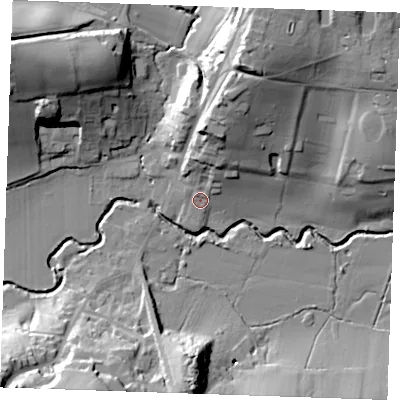 Shaded relief map of the ground around TN38HZ, computed from Environment Agency LiDAR. The ground here sits at about 42 m above sea level and falls 34 m across the surrounding 800 m. Surface water reaching this point runs off ground lying to the north-north-east, 16.3 m higher.