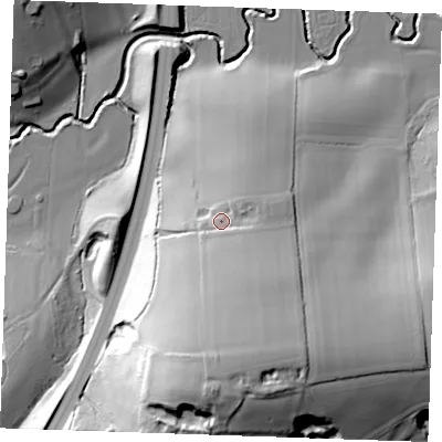 Shaded relief map of the ground around TN38JE, computed from Environment Agency LiDAR. The ground here sits at about 58 m above sea level and falls 45 m across the surrounding 800 m. Surface water reaching this point runs off ground lying to the south, 21.7 m higher.