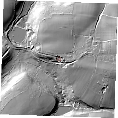 Shaded relief map of the ground around TN38LG, computed from Environment Agency LiDAR. The ground here sits at about 69 m above sea level and falls 42 m across the surrounding 800 m. Surface water reaching this point runs off ground lying to the east-south-east, 14.0 m higher.