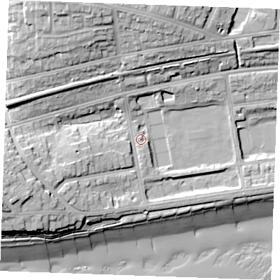 Shaded relief map of the ground around TN393DN, computed from Environment Agency LiDAR. The ground here sits at about 8 m above sea level and falls 25 m across the surrounding 800 m. Surface water reaching this point runs off ground lying to the west-south-west, 6.1 m higher.