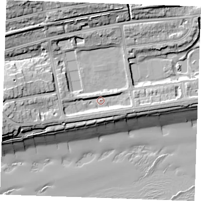 Shaded relief map of the ground around TN393DP, computed from Environment Agency LiDAR. The ground here sits at about 5 m above sea level and falls 22 m across the surrounding 800 m. Surface water reaching this point runs off ground lying to the west, 8.0 m higher.