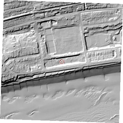 Shaded relief map of the ground around TN393DR, computed from Environment Agency LiDAR. The ground here sits at about 5 m above sea level and falls 21 m across the surrounding 800 m. Surface water reaching this point runs off ground lying to the west, 10.0 m higher.