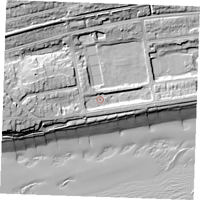 Shaded relief map of the ground around TN393DS, computed from Environment Agency LiDAR. The ground here sits at about 6 m above sea level and falls 21 m across the surrounding 800 m. Surface water reaching this point runs off ground lying to the west, 11.0 m higher.
