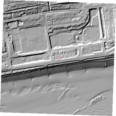 Shaded relief map of the ground around TN393DU, computed from Environment Agency LiDAR. The ground here sits at about 6 m above sea level and falls 20 m across the surrounding 800 m. Surface water reaching this point runs off ground lying to the south, 1.6 m higher.