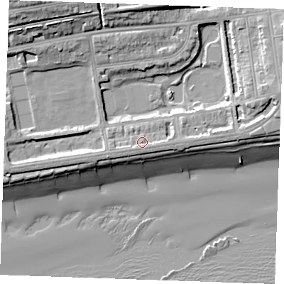Shaded relief map of the ground around TN393DX, computed from Environment Agency LiDAR. The ground here sits at about 7 m above sea level and falls 21 m across the surrounding 800 m. Surface water reaching this point runs off ground lying to the south-west, 1.7 m higher.