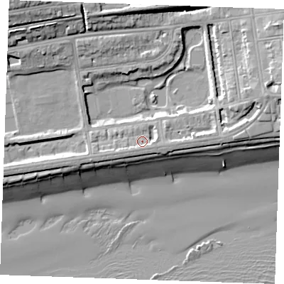 Shaded relief map of the ground around TN393DY, computed from Environment Agency LiDAR. The ground here sits at about 6 m above sea level and falls 20 m across the surrounding 800 m. Surface water reaching this point runs off ground lying to the east, 2.5 m higher.