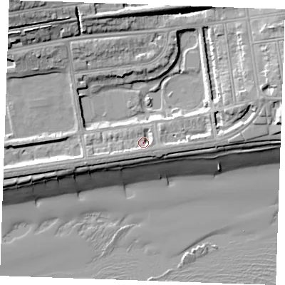 Shaded relief map of the ground around TN393DZ, computed from Environment Agency LiDAR. The ground here sits at about 6 m above sea level and falls 21 m across the surrounding 800 m. Surface water reaching this point runs off ground lying to the east-south-east, 2.5 m higher.
