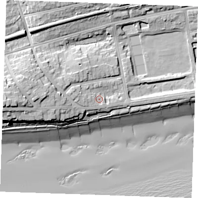 Shaded relief map of the ground around TN393EL, computed from Environment Agency LiDAR. The ground here sits at about 8 m above sea level and falls 24 m across the surrounding 800 m. Surface water reaching this point runs off ground lying to the west, 12.9 m higher.