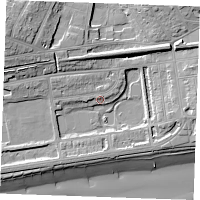 Shaded relief map of the ground around TN393ET, computed from Environment Agency LiDAR. The ground here sits at about 6 m above sea level and falls 22 m across the surrounding 800 m. Surface water reaching this point runs off ground lying to the west-north-west, 15.4 m higher.
