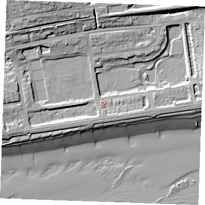 Shaded relief map of the ground around TN393HA, computed from Environment Agency LiDAR. The ground here sits at about 6 m above sea level and falls 22 m across the surrounding 800 m. Surface water reaching this point runs off ground lying to the west-south-west, 6.1 m higher.