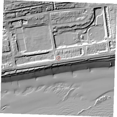 Shaded relief map of the ground around TN393HB, computed from Environment Agency LiDAR. The ground here sits at about 7 m above sea level and falls 20 m across the surrounding 800 m. Surface water reaching this point runs off ground lying to the south-south-east, 1.4 m higher.