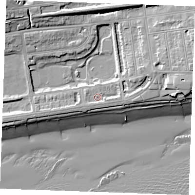 Shaded relief map of the ground around TN393HE, computed from Environment Agency LiDAR. The ground here sits at about 6 m above sea level and falls 18 m across the surrounding 800 m. Surface water reaching this point runs off ground lying to the east-north-east, 6.0 m higher.