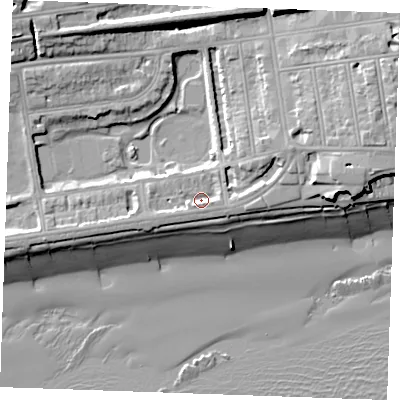 Shaded relief map of the ground around TN393HF, computed from Environment Agency LiDAR. The ground here sits at about 5 m above sea level and falls 17 m across the surrounding 800 m. Surface water reaching this point runs off ground lying to the east-north-east, 6.0 m higher.